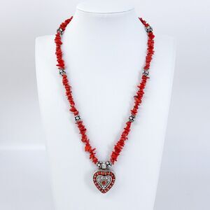 Vintage Sterling Silver 925 Coral Heart Pendant Necklace 18.5"